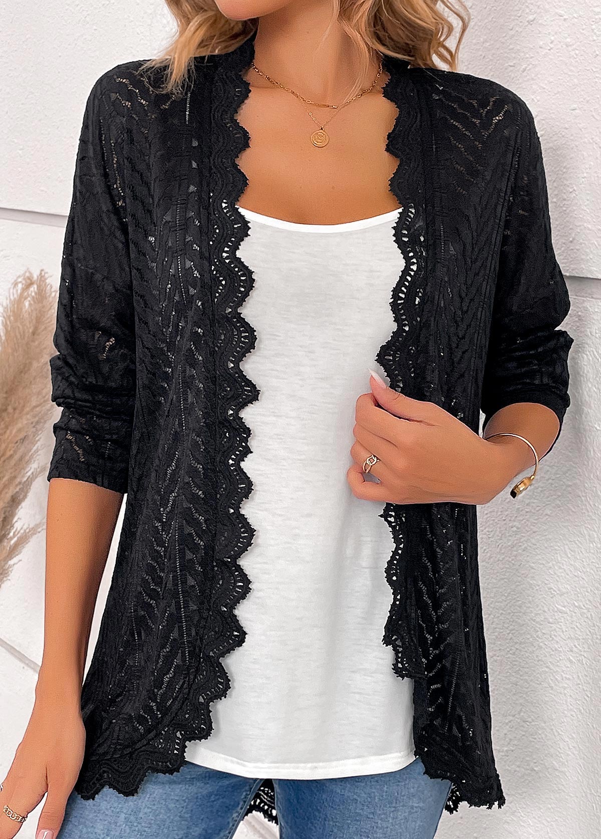 Scalloped Hem Black Long Sleeve Light Cardigan
