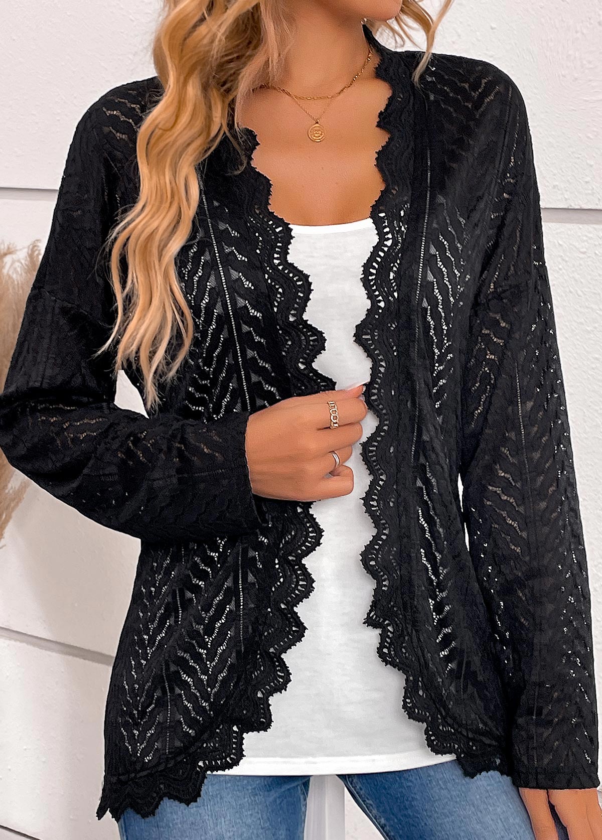 Scalloped Hem Black Long Sleeve Light Cardigan
