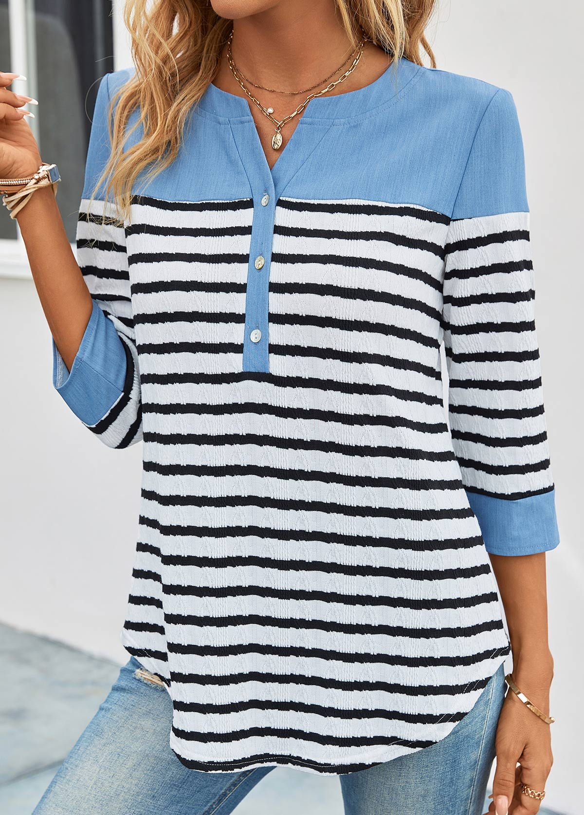 Striped Button Sky Blue Split Neck Blouse