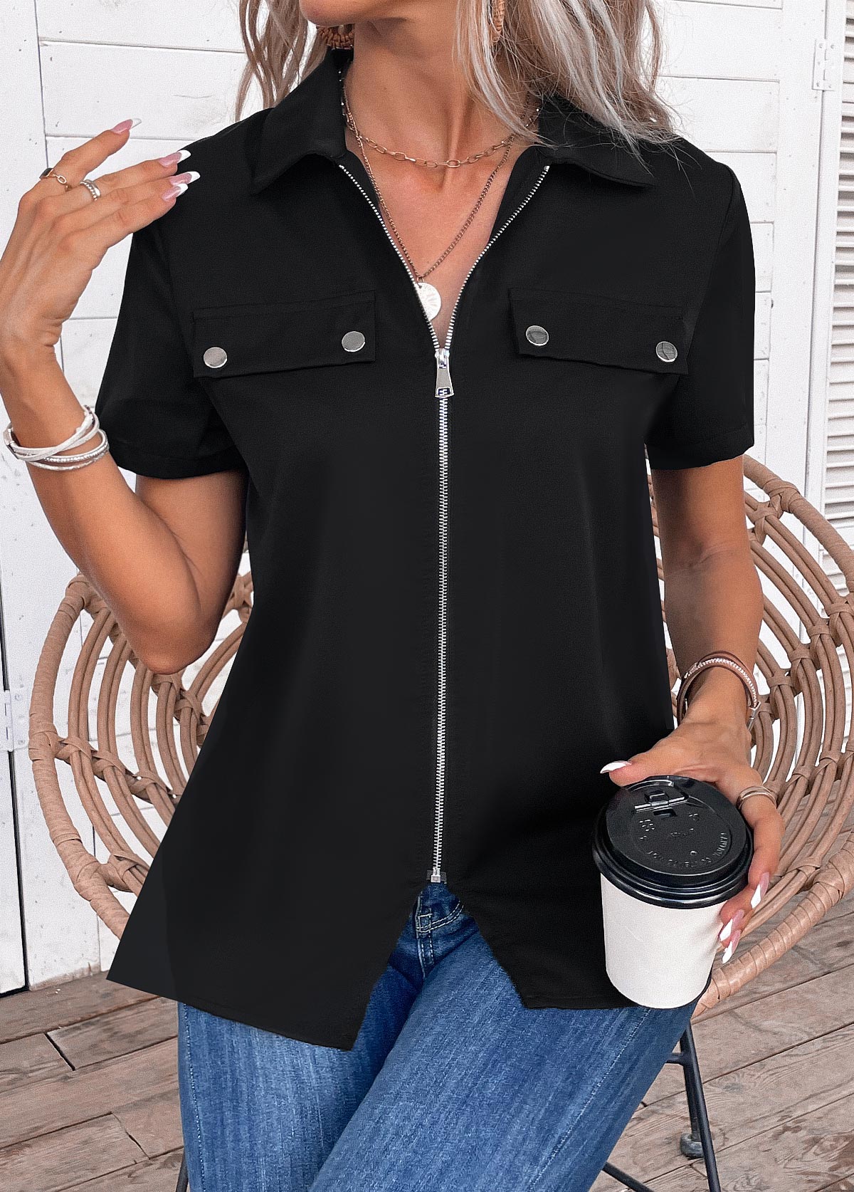 Zipper Turn Down Collar Short Sleeve Black Blouse