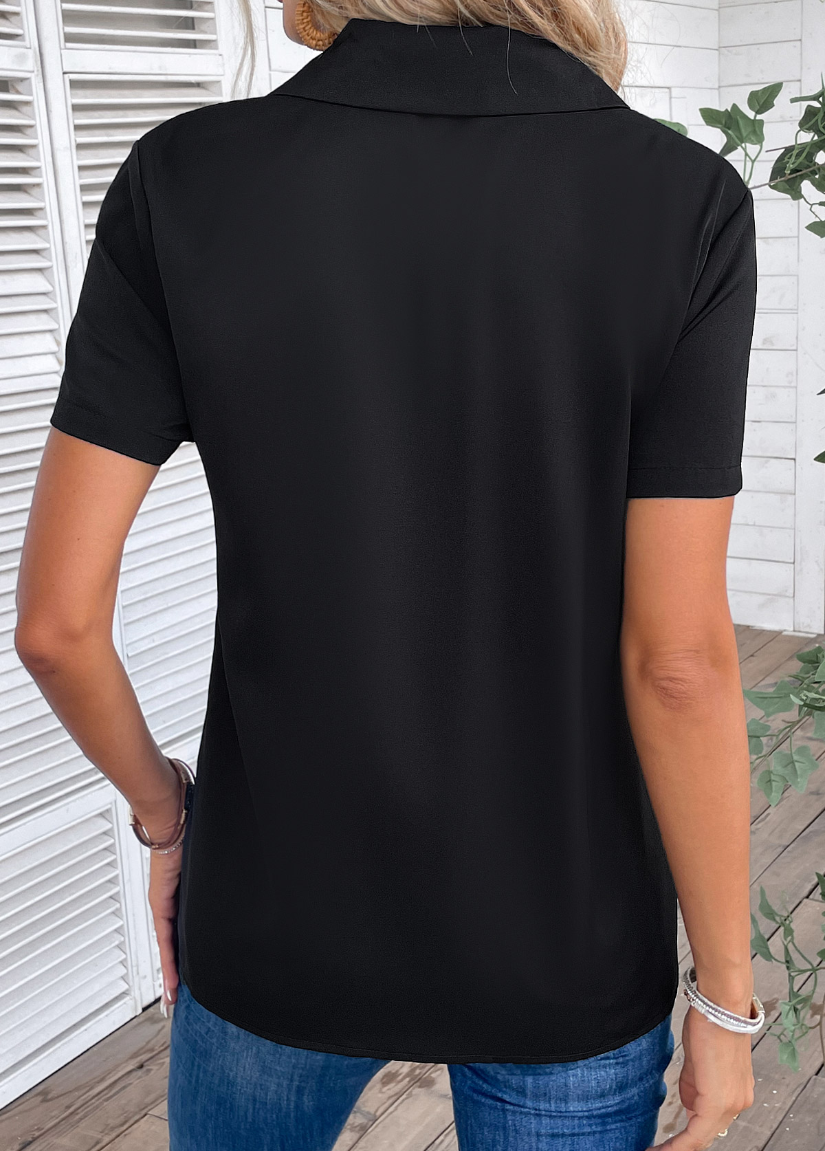 Zipper Turn Down Collar Short Sleeve Black Blouse