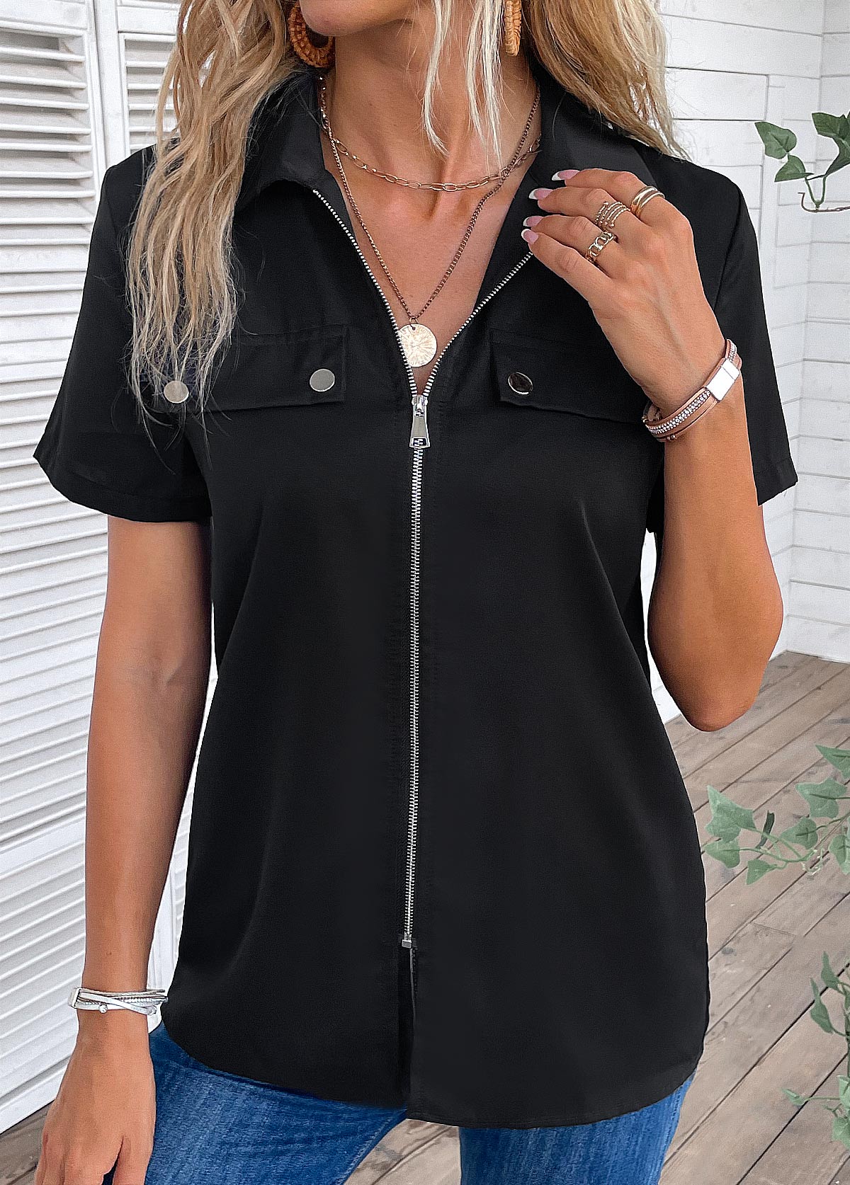 Zipper Turn Down Collar Short Sleeve Black Blouse