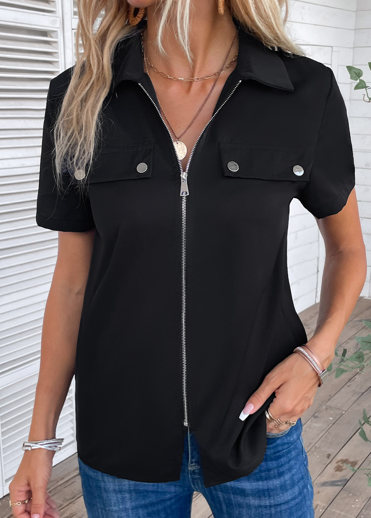 Zipper Turn Down Collar Short Sleeve Black Blouse