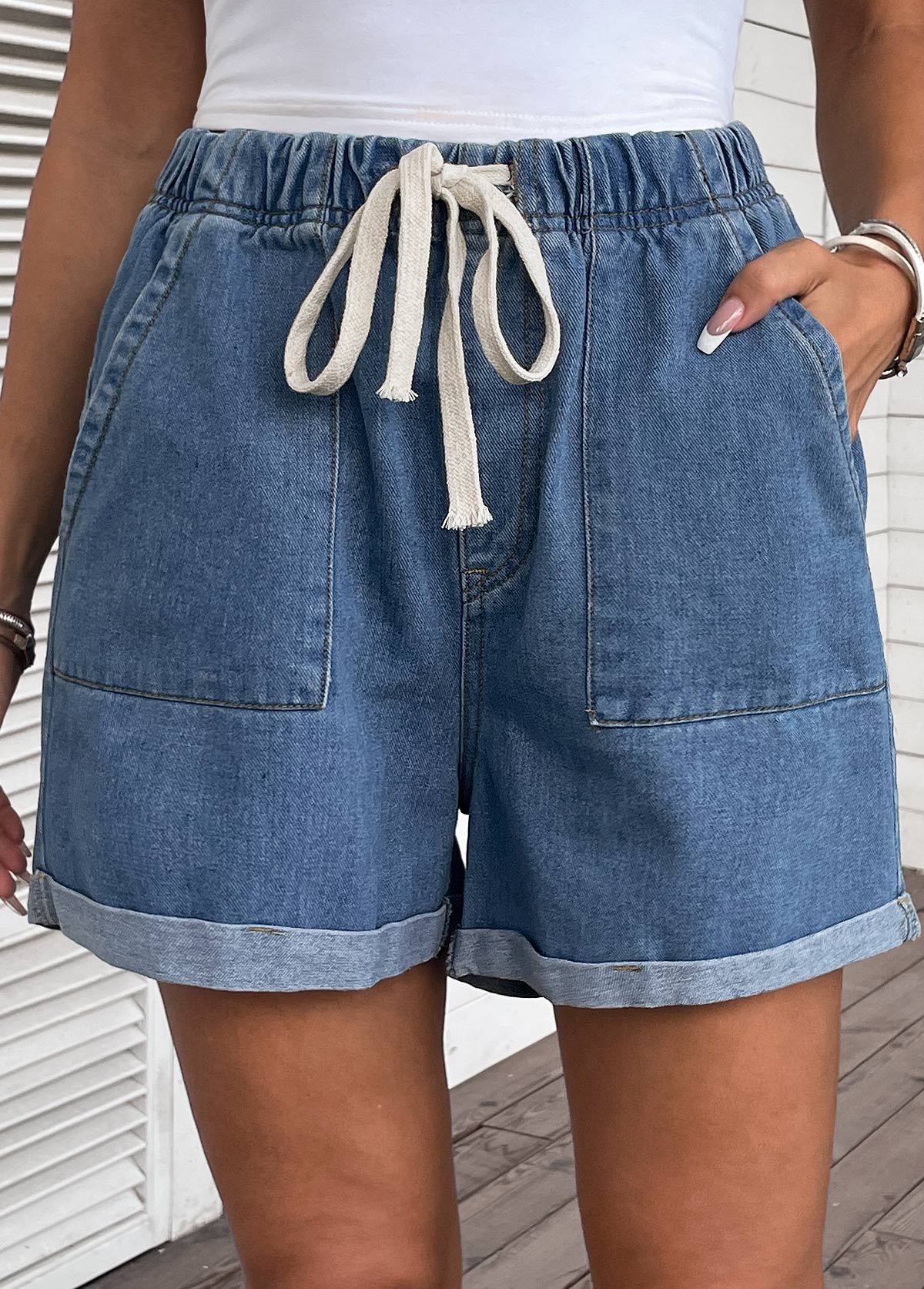 Drawastring Pocket High Waisted Denim Shorts