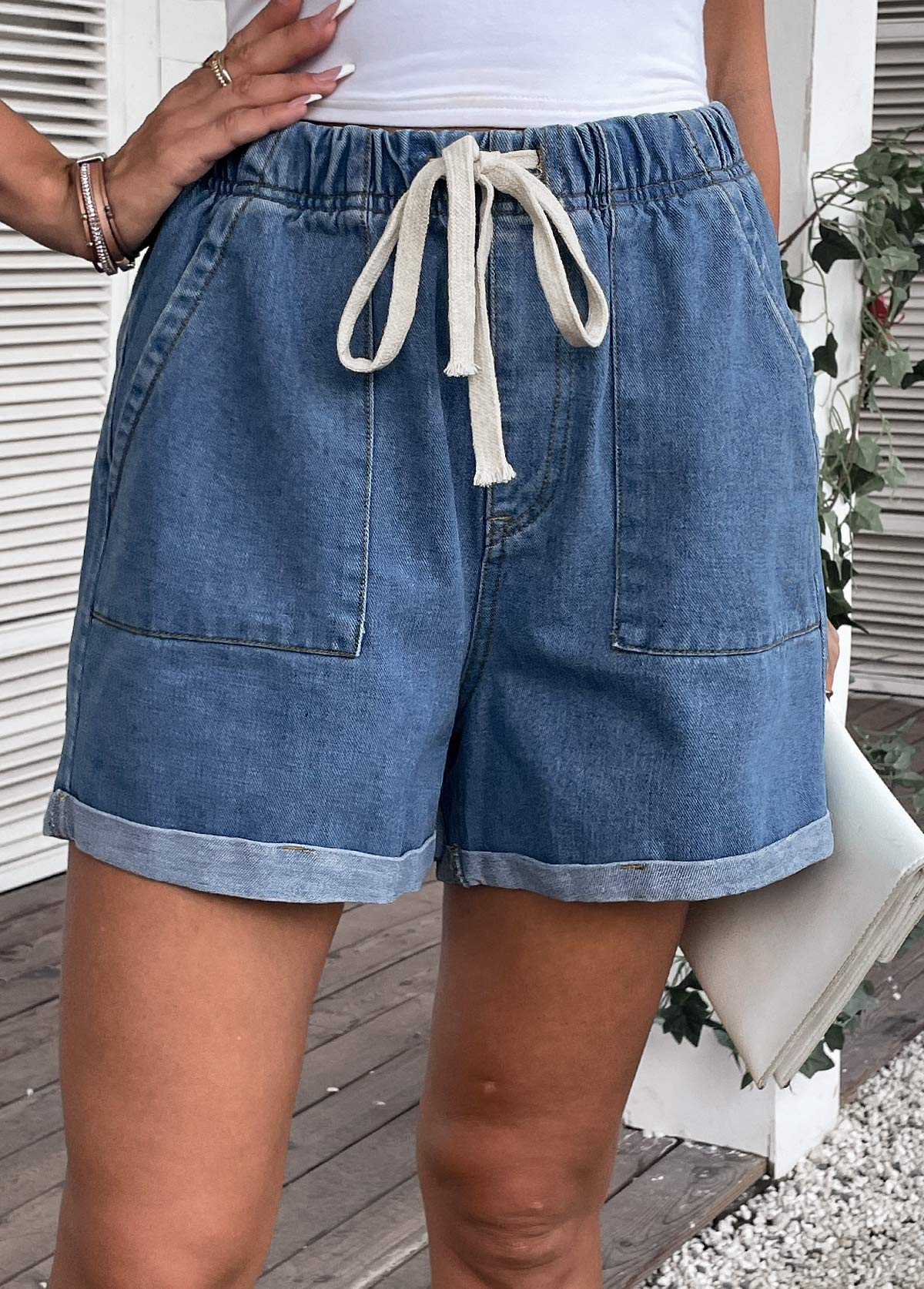 Drawastring Pocket High Waisted Denim Shorts