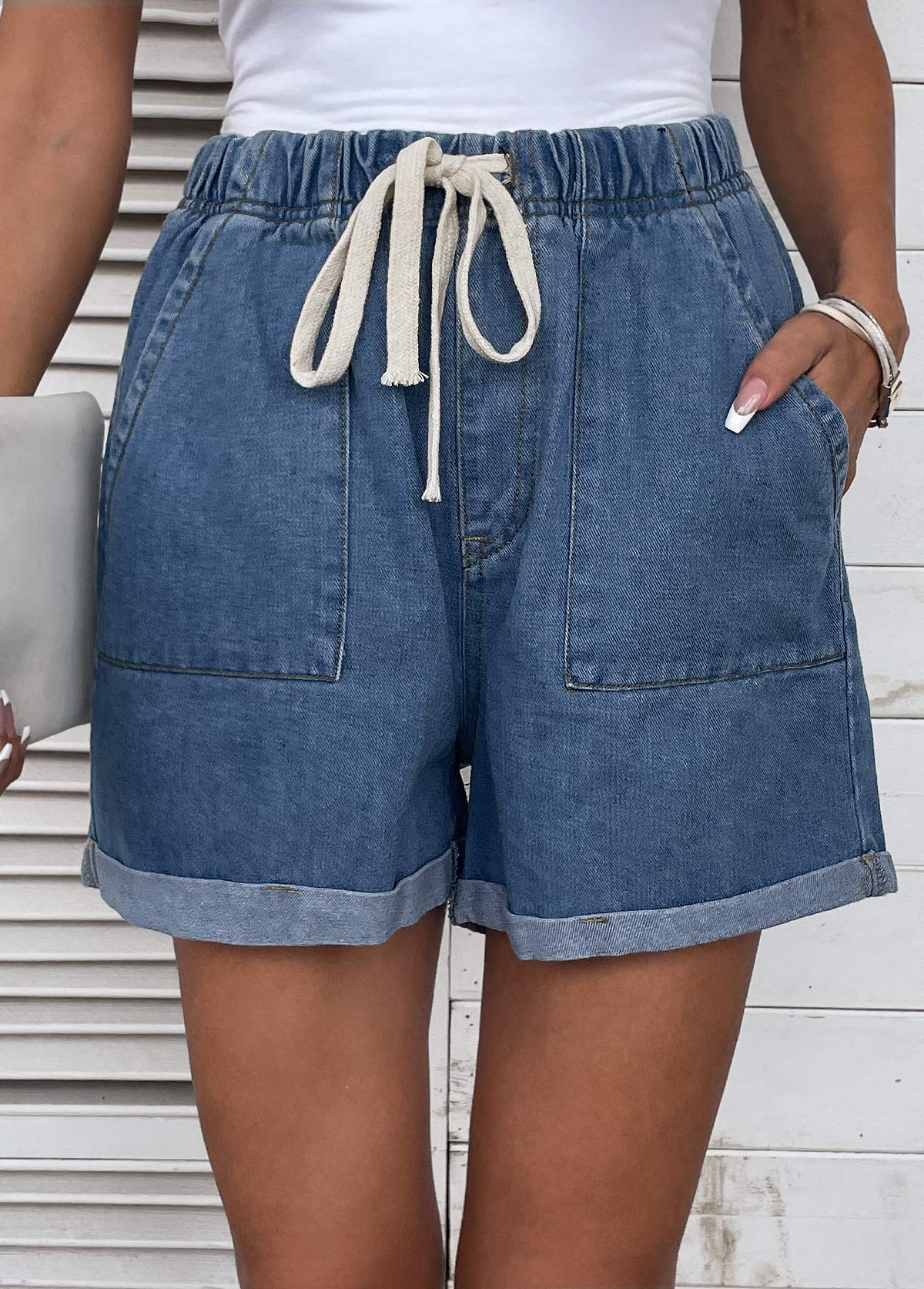 Drawastring Pocket High Waisted Denim Shorts