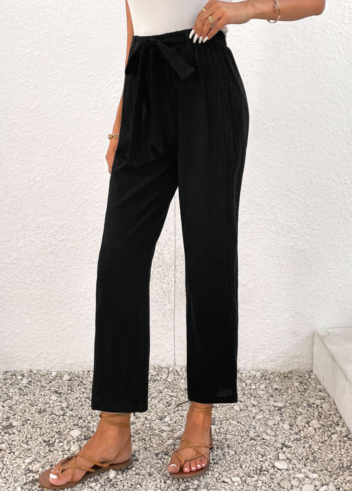 Bowknot Elastic Waist High Waisted Black Pants
