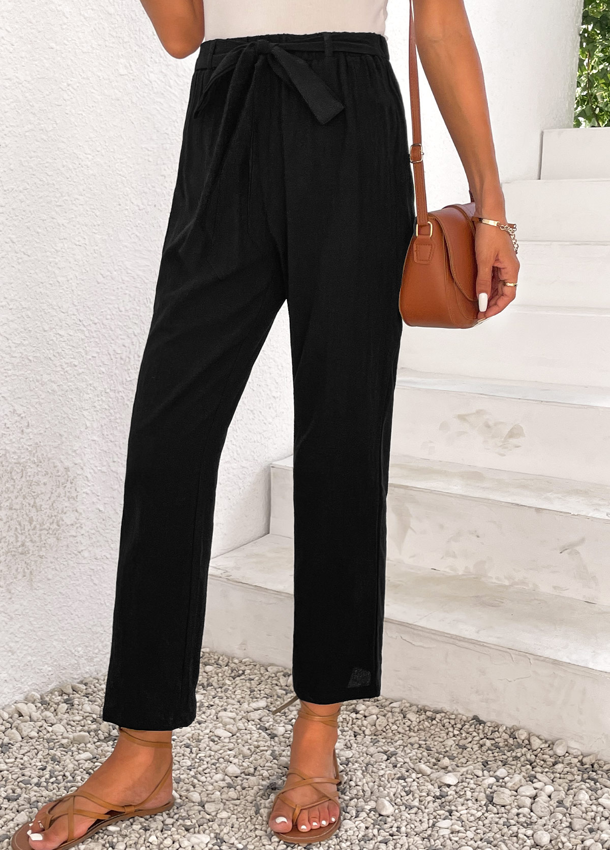 Bowknot Elastic Waist High Waisted Black Pants