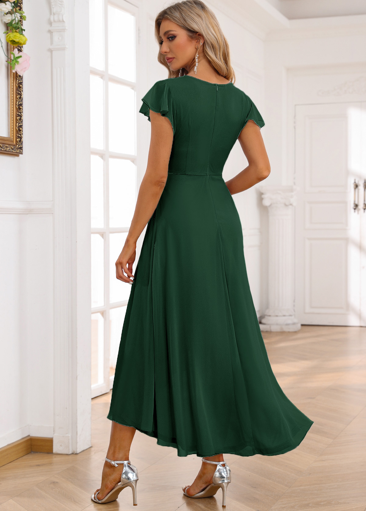 Twist High Low V Neck Blackish Green Dress