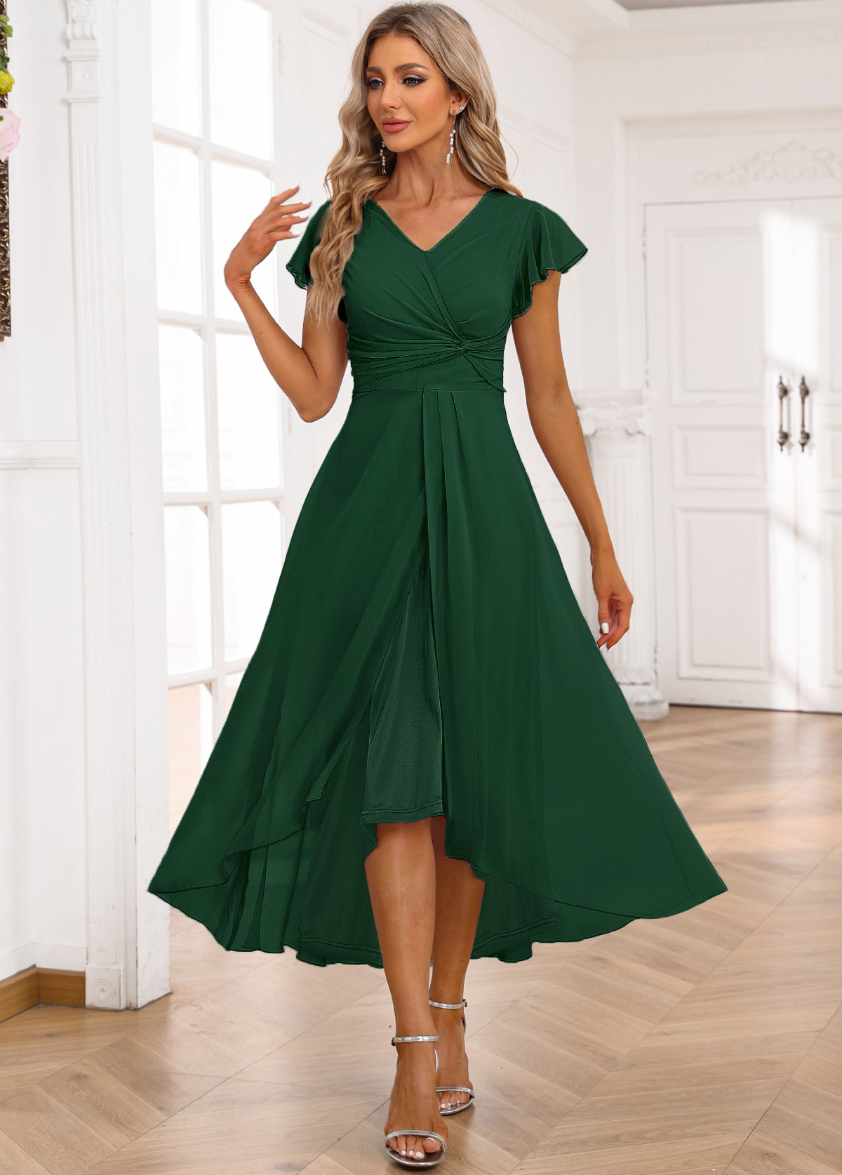 Twist High Low V Neck Blackish Green Dress