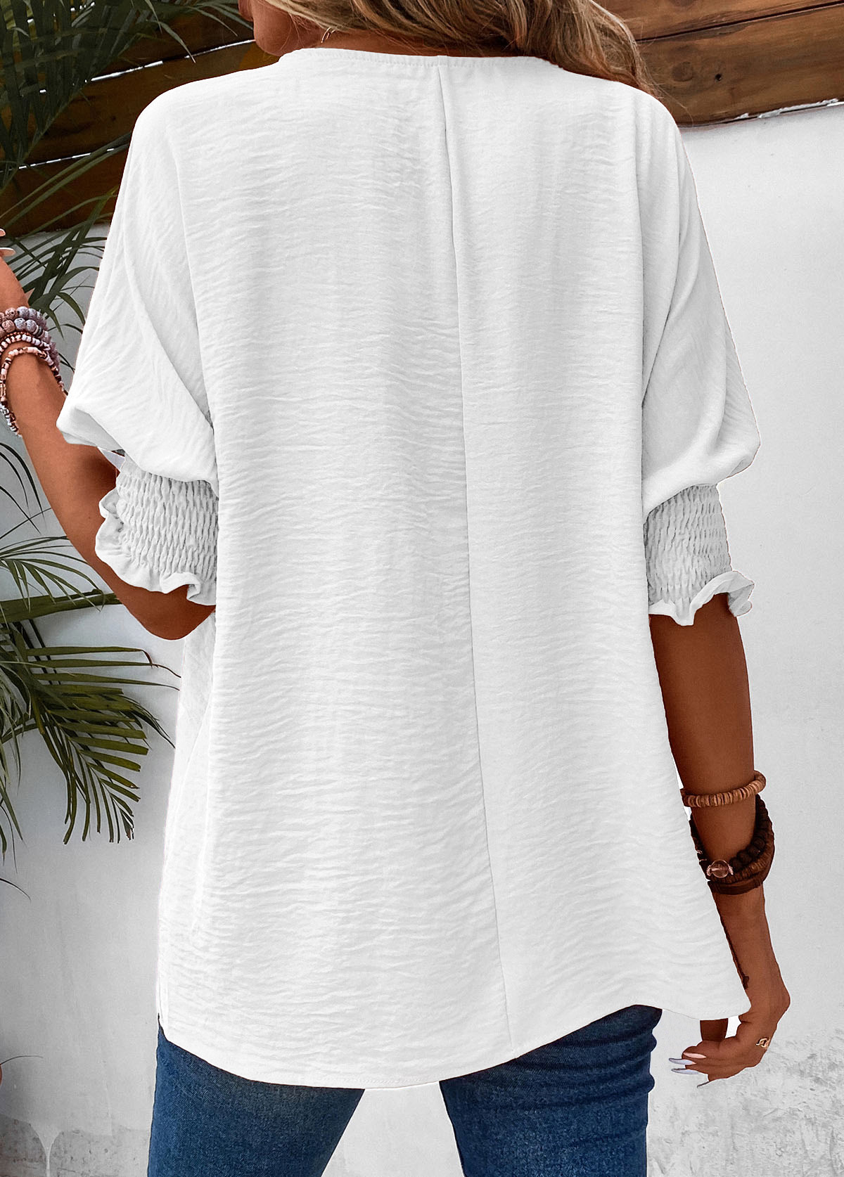 Half Sleeve Smocked White Round Neck T Shirt