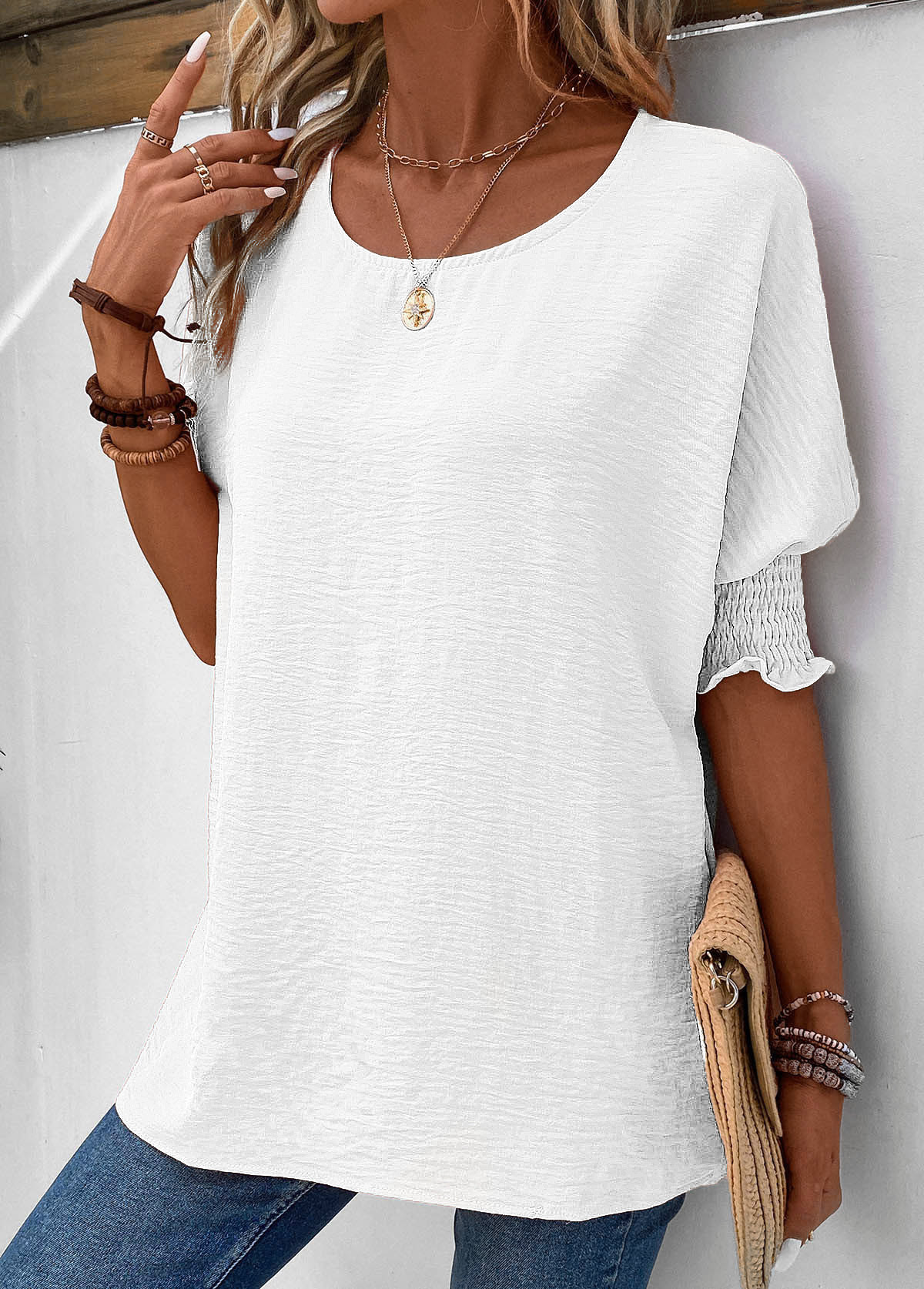 Half Sleeve Smocked White Round Neck T Shirt