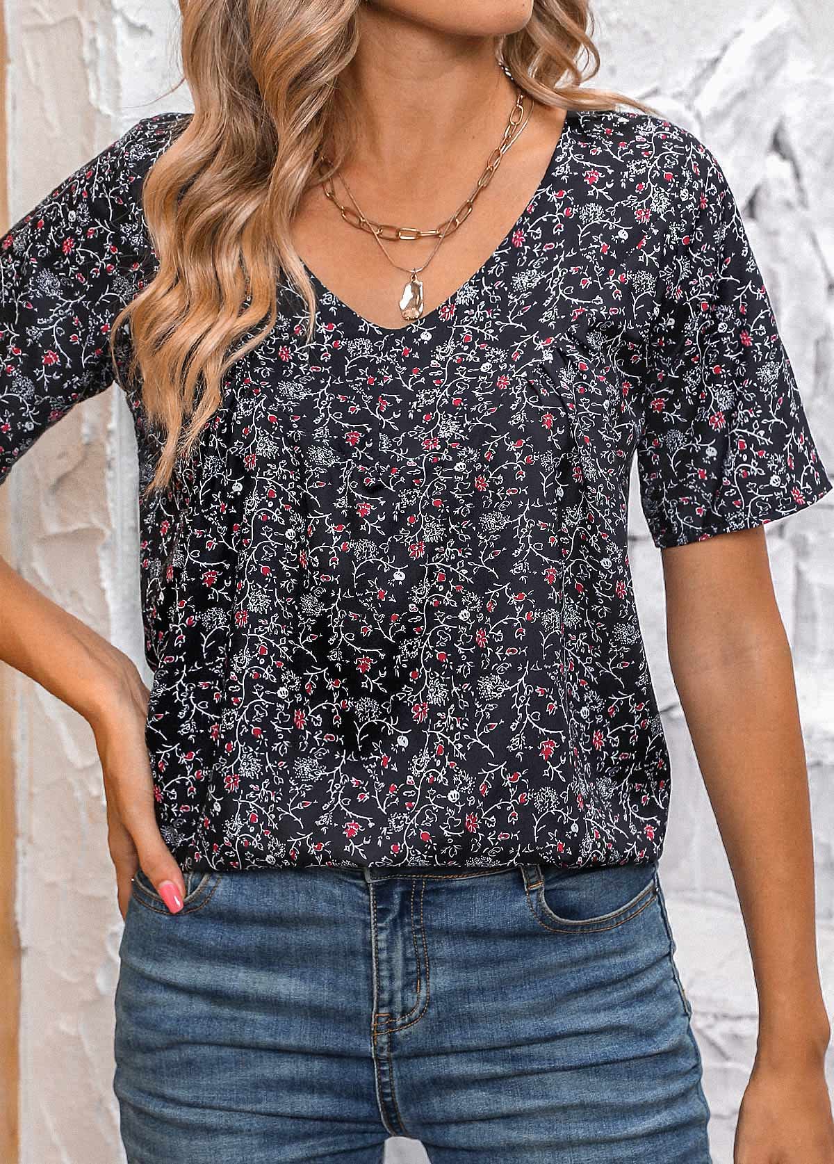 Ditsy Floral Print Ruched Black Short Sleeve Blouse