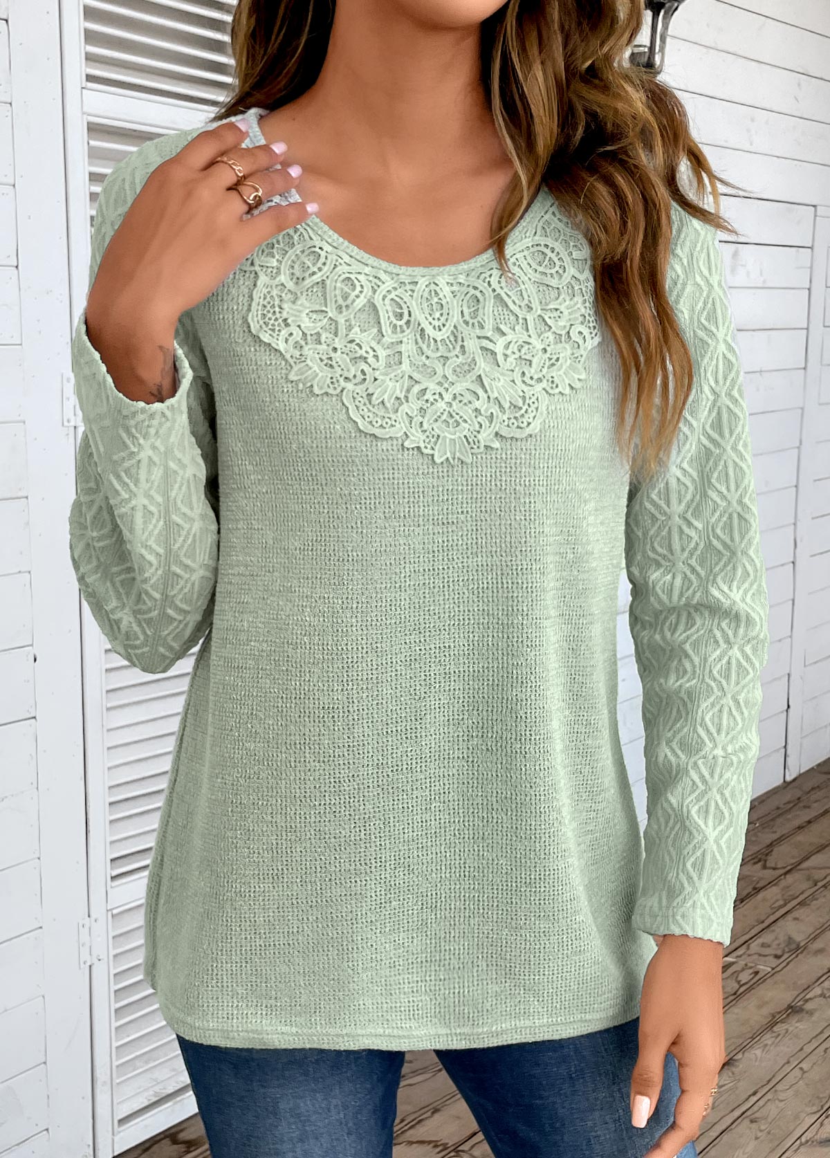 Patchwork Sage Green Round Neck Long Sleeve T Shirt