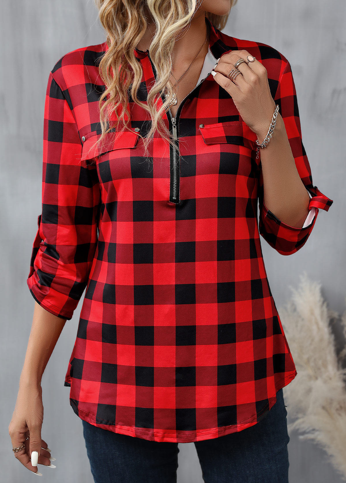 Plaid Zipper Red Long Sleeve High Neck Blouse