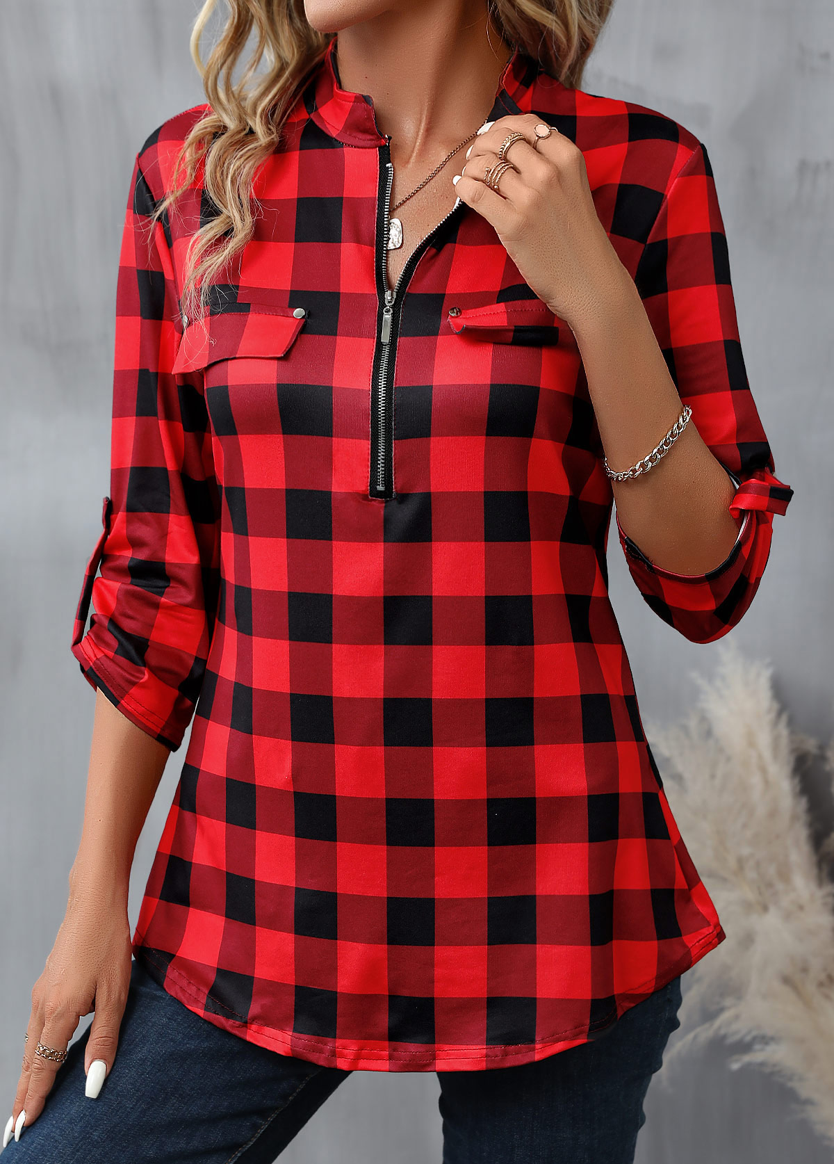 Plaid Zipper Red Long Sleeve High Neck Blouse