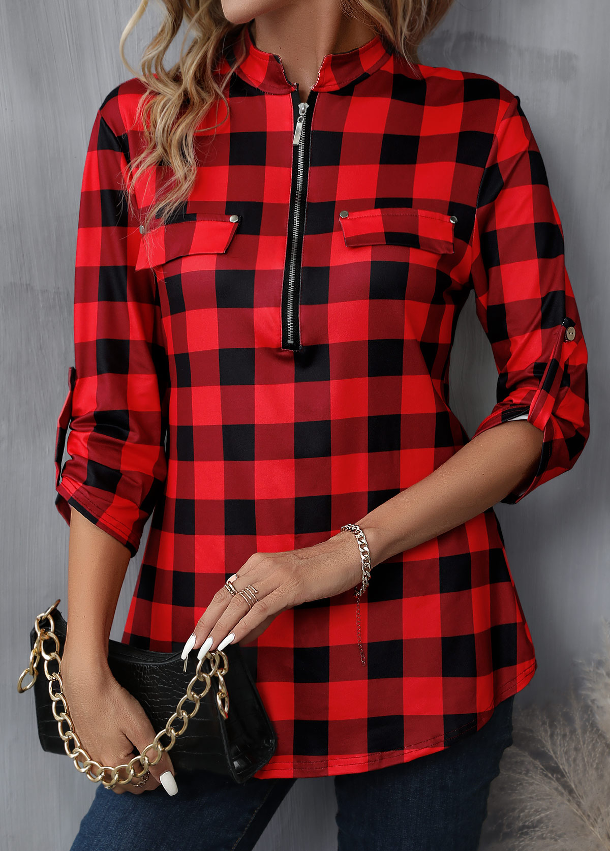 Plaid Zipper Red Long Sleeve High Neck Blouse