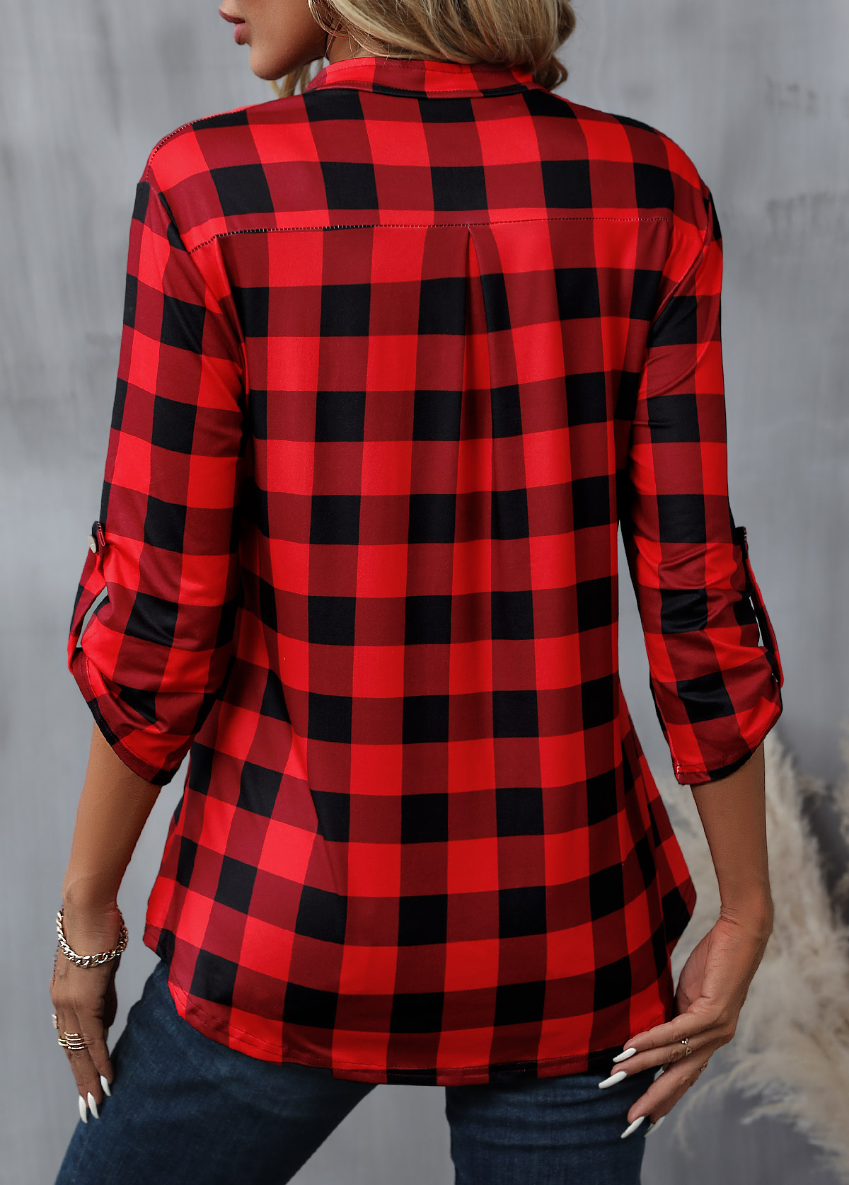 Plaid Zipper Red Long Sleeve High Neck Blouse