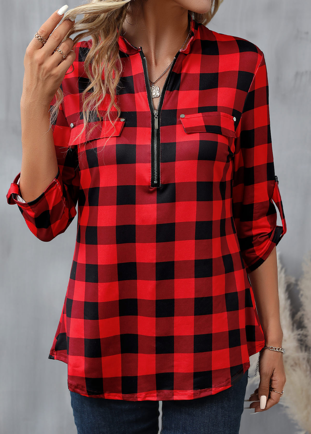 Plaid Zipper Red Long Sleeve High Neck Blouse