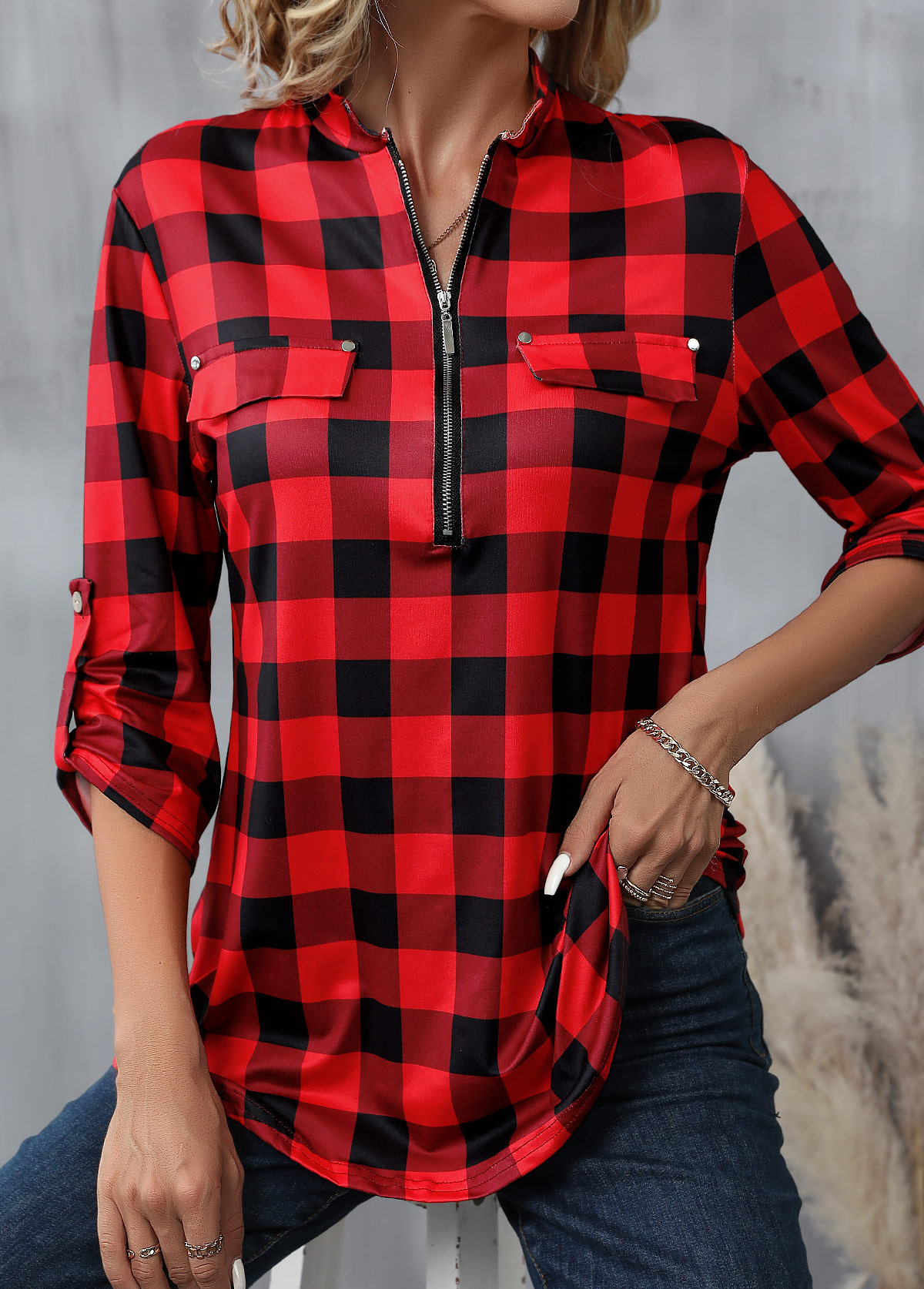 Plaid Zipper Red Long Sleeve High Neck Blouse