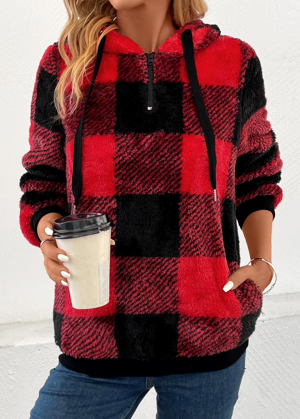 Plaid Pocket Red Long Sleeve Hooded Sweatshirt