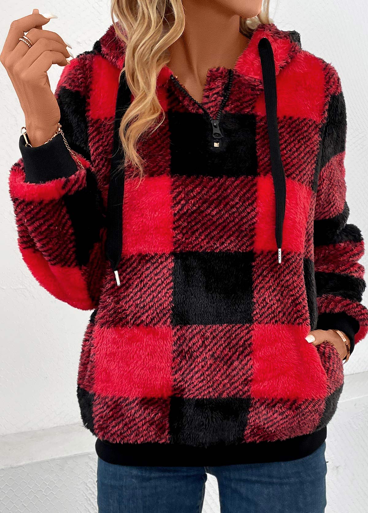 Plaid Pocket Red Long Sleeve Hooded Sweatshirt
