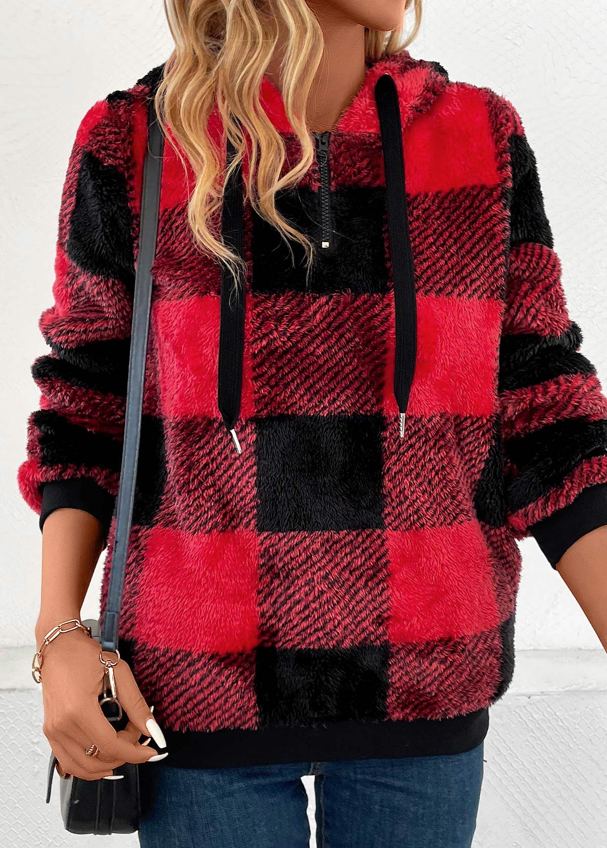 Plaid Pocket Red Long Sleeve Hooded Sweatshirt