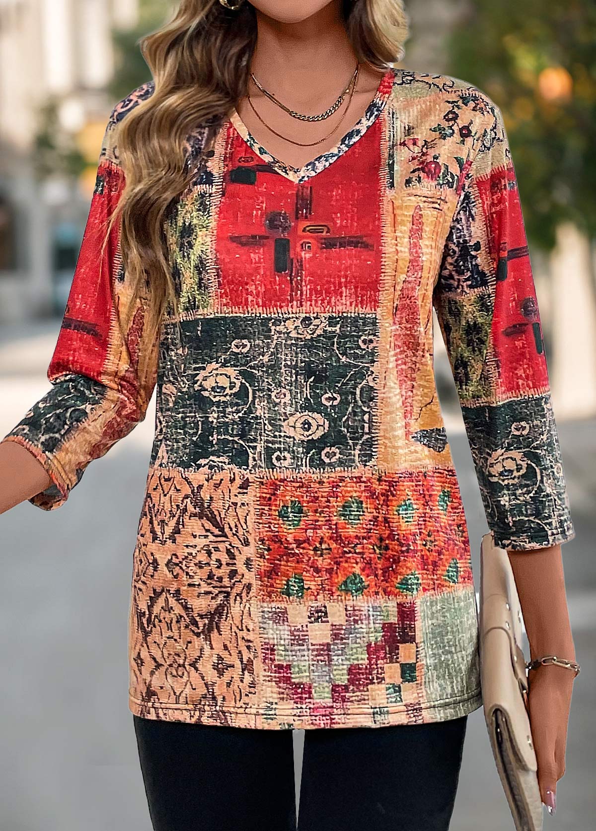 Tribal Print Patchwork Multi Color V Neck T Shirt