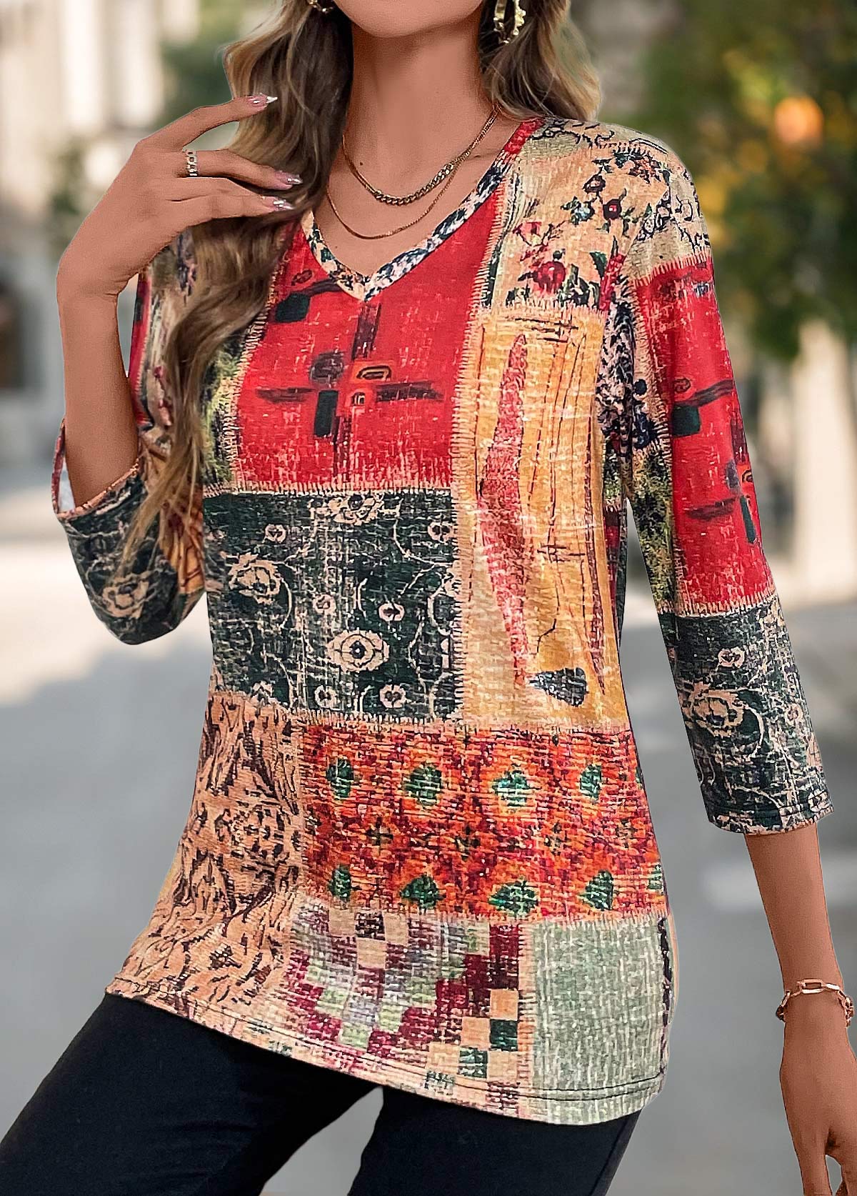 Tribal Print Patchwork Multi Color V Neck T Shirt