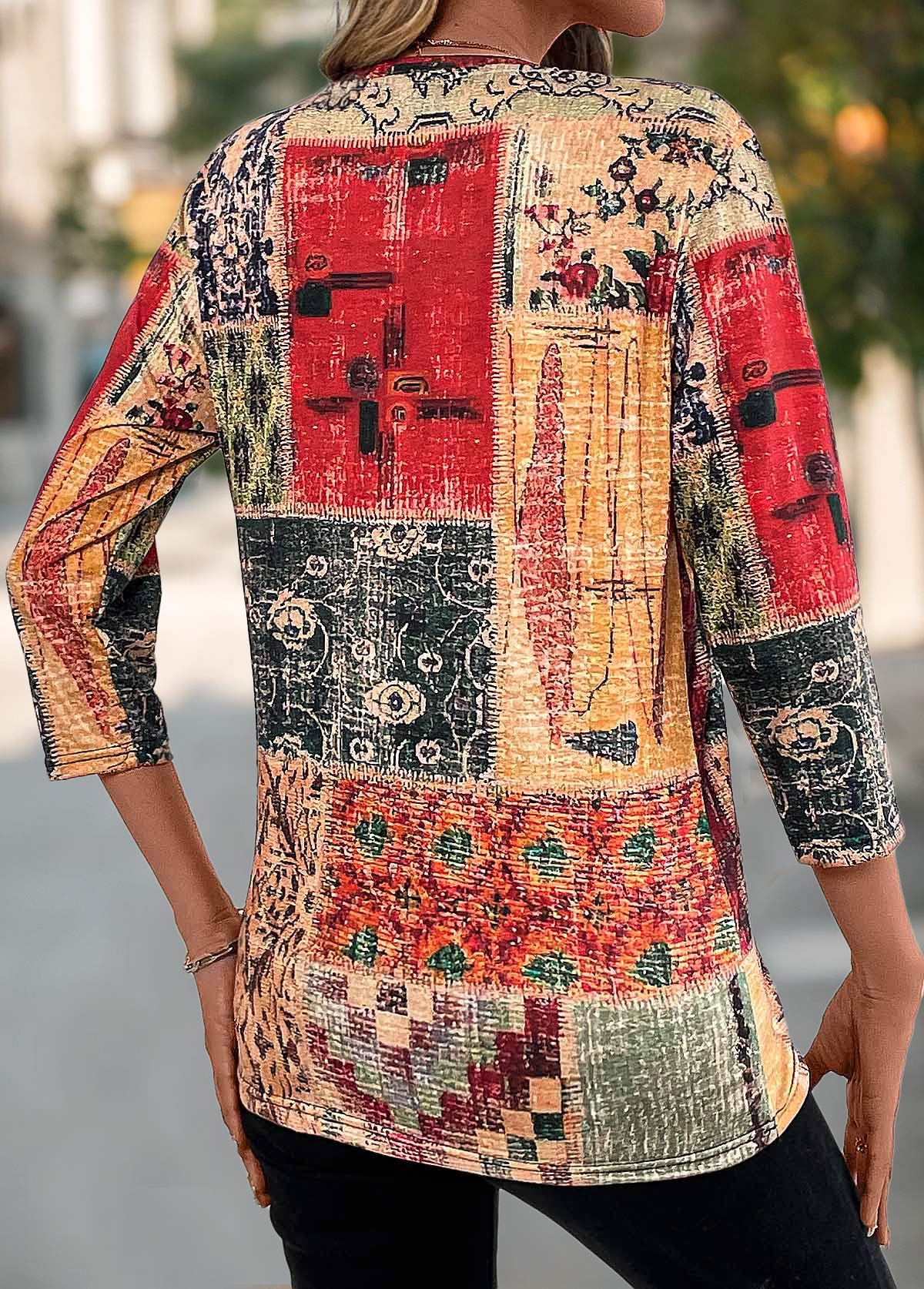 Tribal Print Patchwork Multi Color V Neck T Shirt