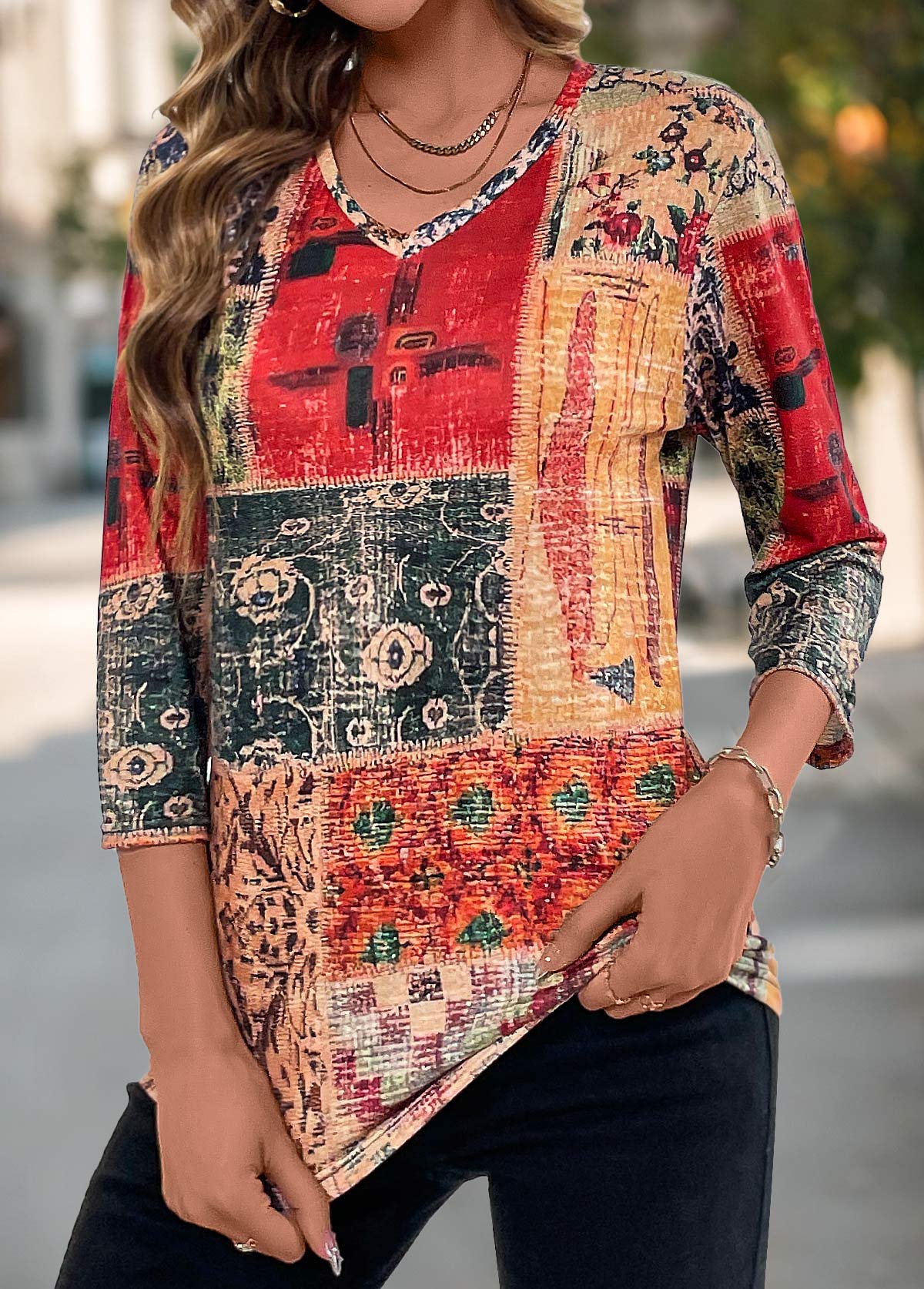 Tribal Print Patchwork Multi Color V Neck T Shirt