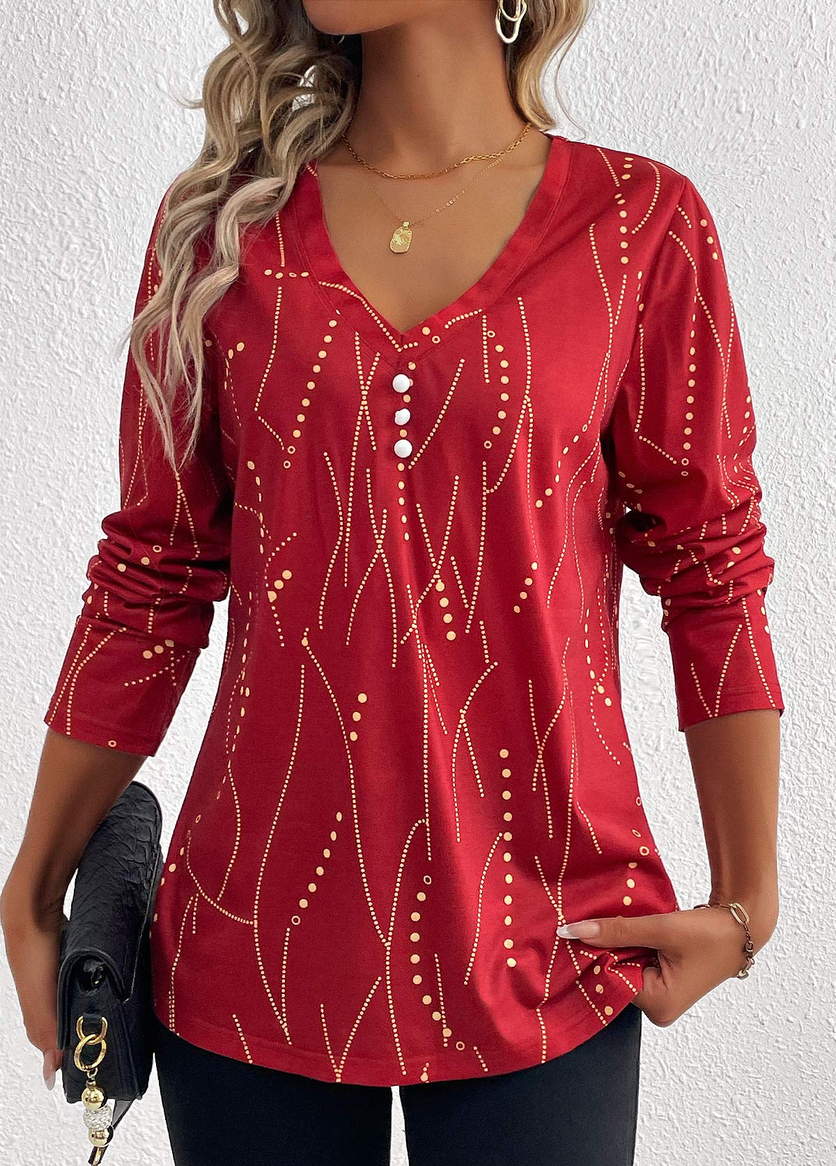 Plus Size Wine Red Button Geometric Print T Shirt