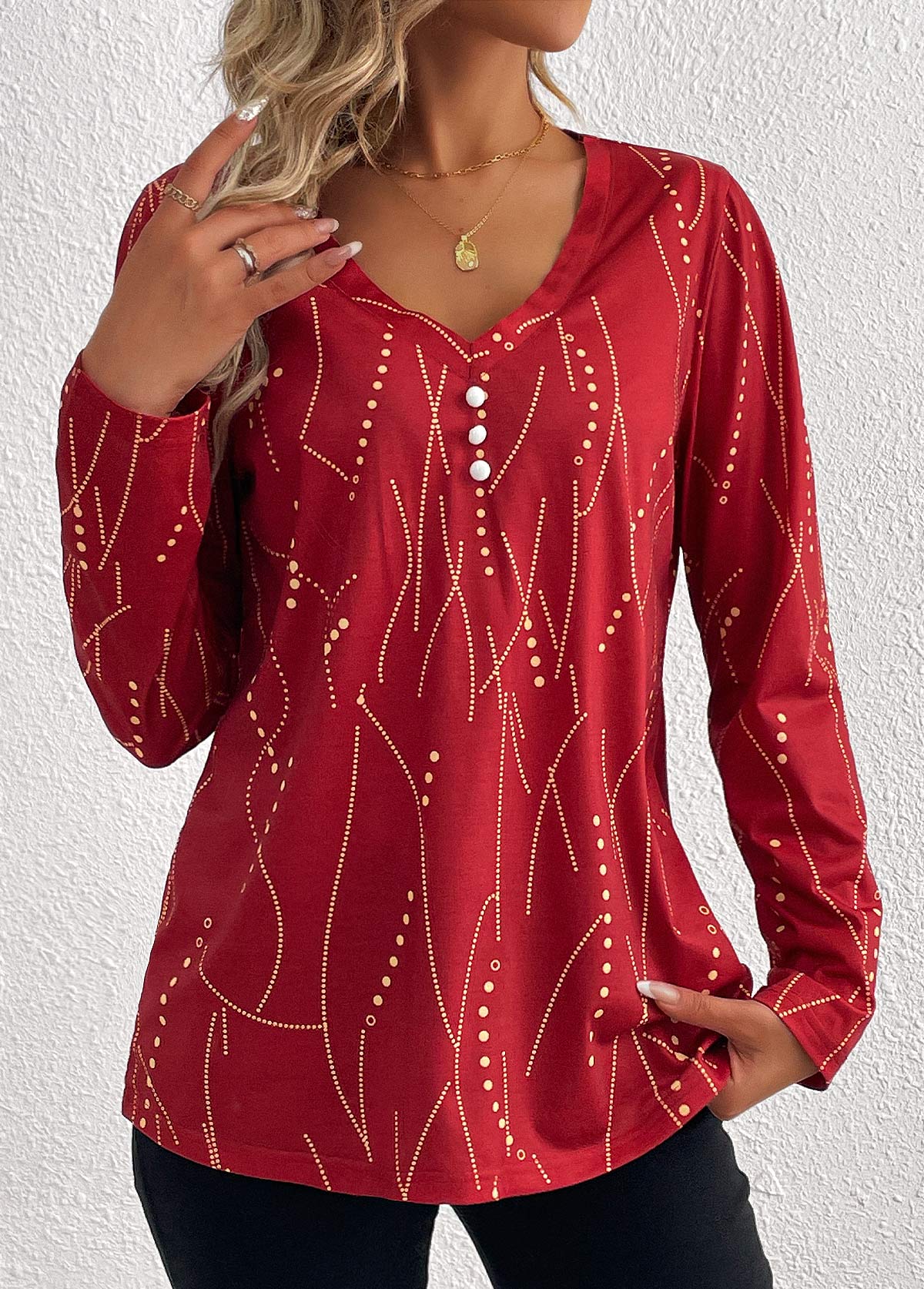Plus Size Wine Red Button Geometric Print T Shirt