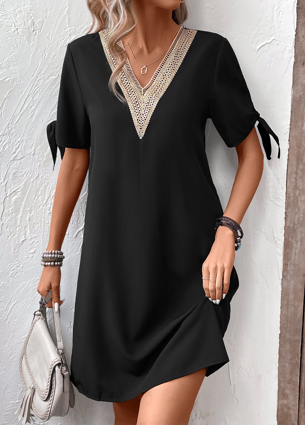 Black Short Patchwork V Neck Shift Dress