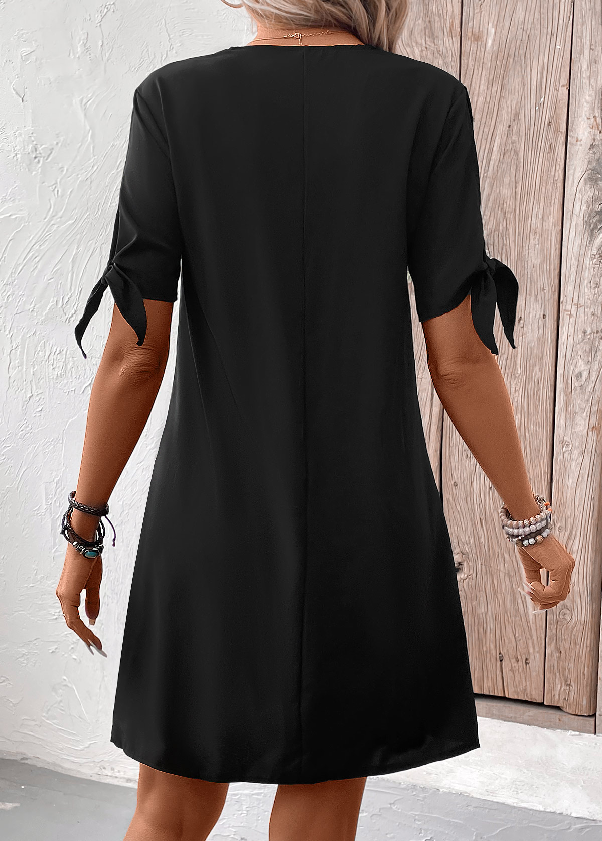 Black Short Patchwork V Neck Shift Dress