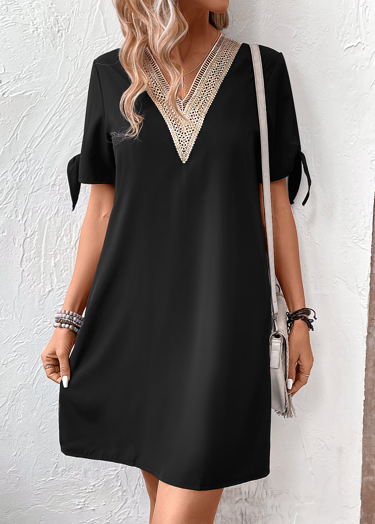 Black Short Patchwork V Neck Shift Dress