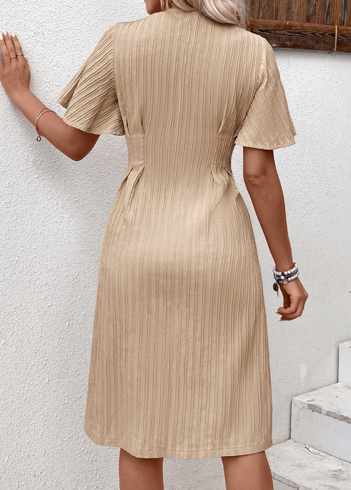 Textured Fabric Light Camel Short Sleeve V Neck Dress