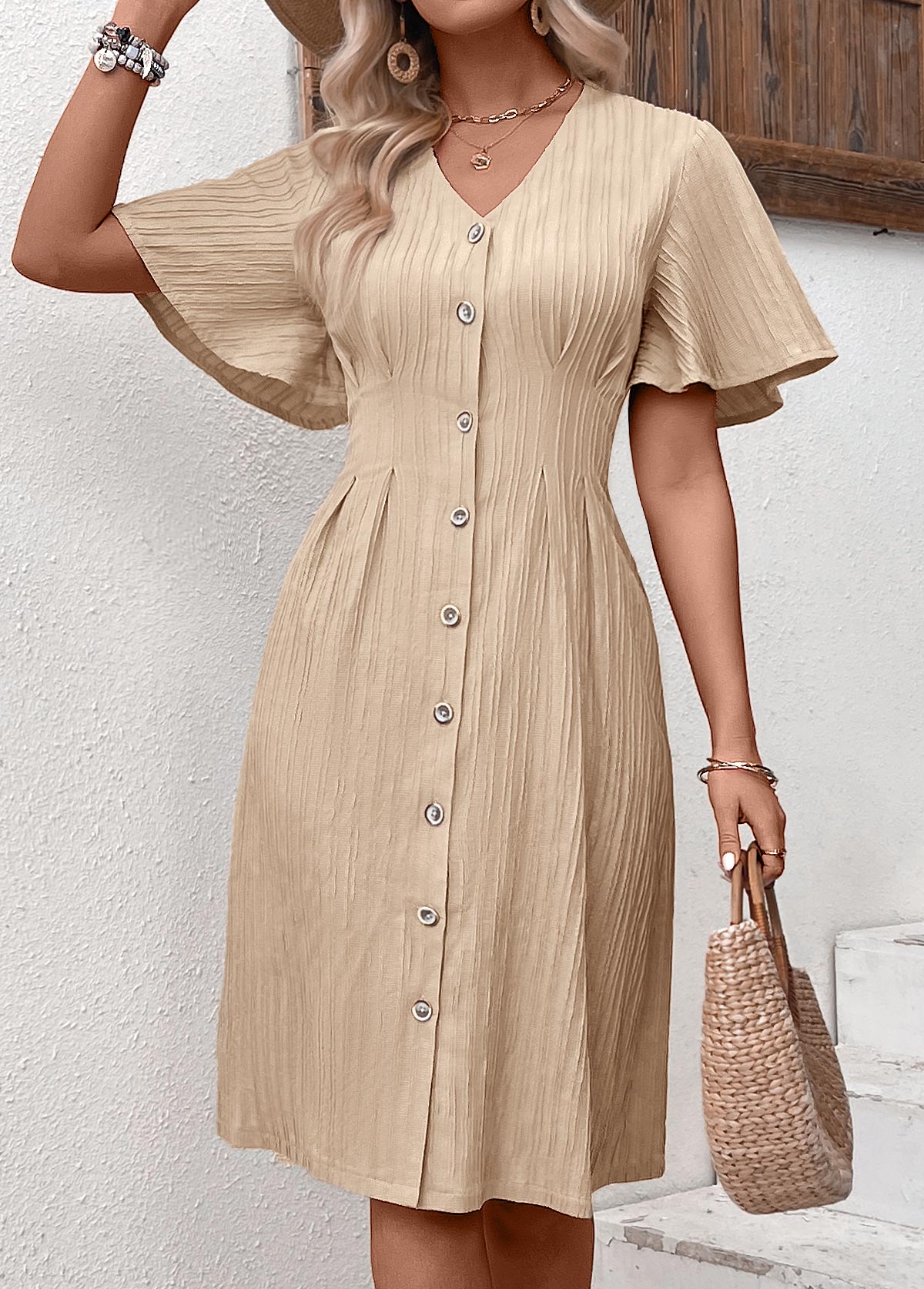 Textured Fabric Light Camel Short Sleeve V Neck Dress