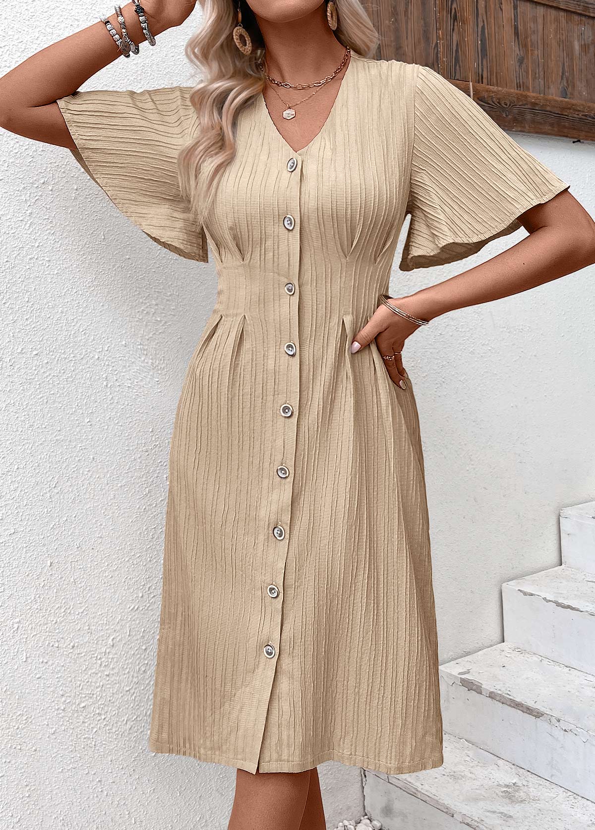 Textured Fabric Light Camel Short Sleeve V Neck Dress