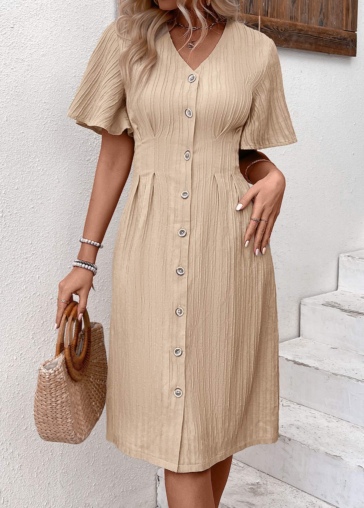 Textured Fabric Light Camel Short Sleeve V Neck Dress