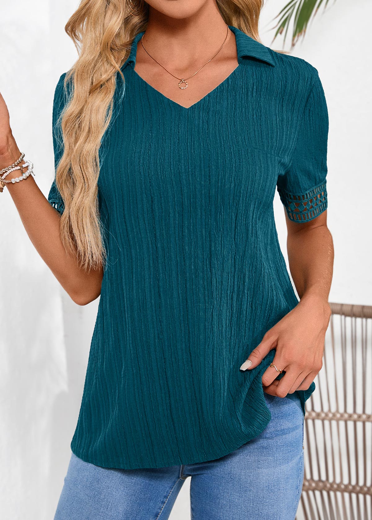 Lace Peacock Blue Short Sleeve Shirt Collar Blouse