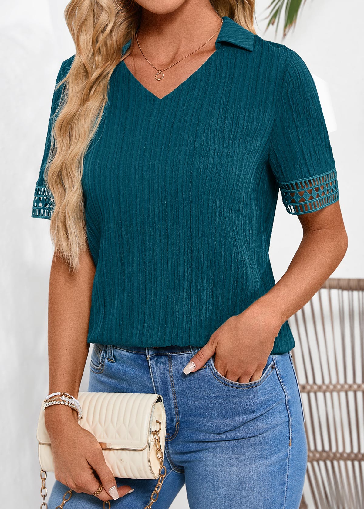 Lace Peacock Blue Short Sleeve Shirt Collar Blouse