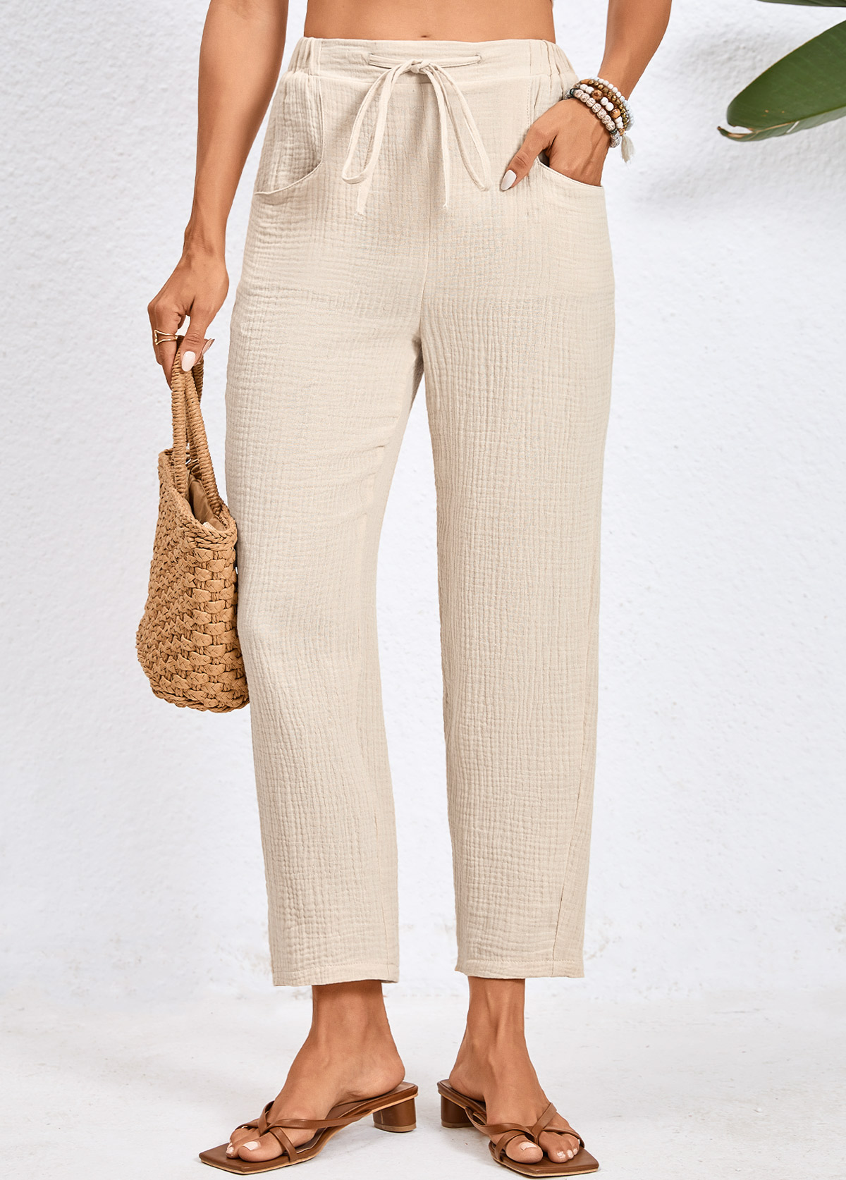 Pocket Drawastring Beige High Waisted Pants