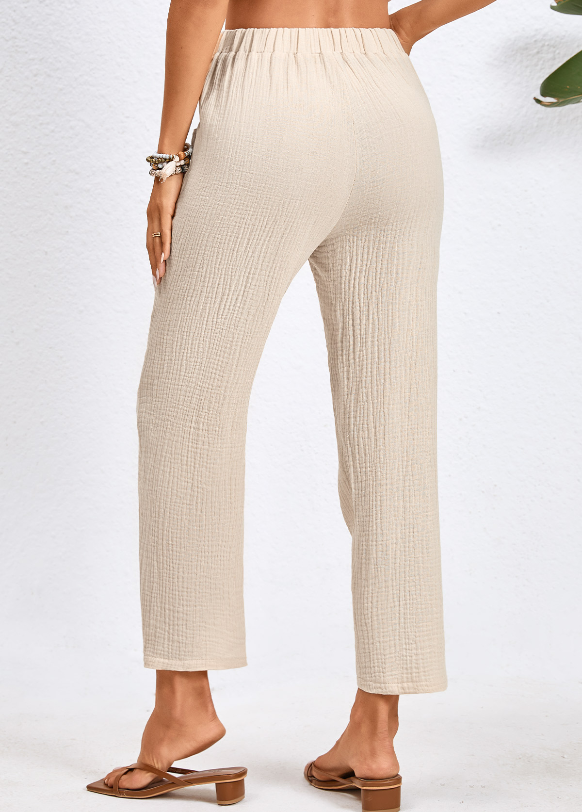 Pocket Drawastring Beige High Waisted Pants