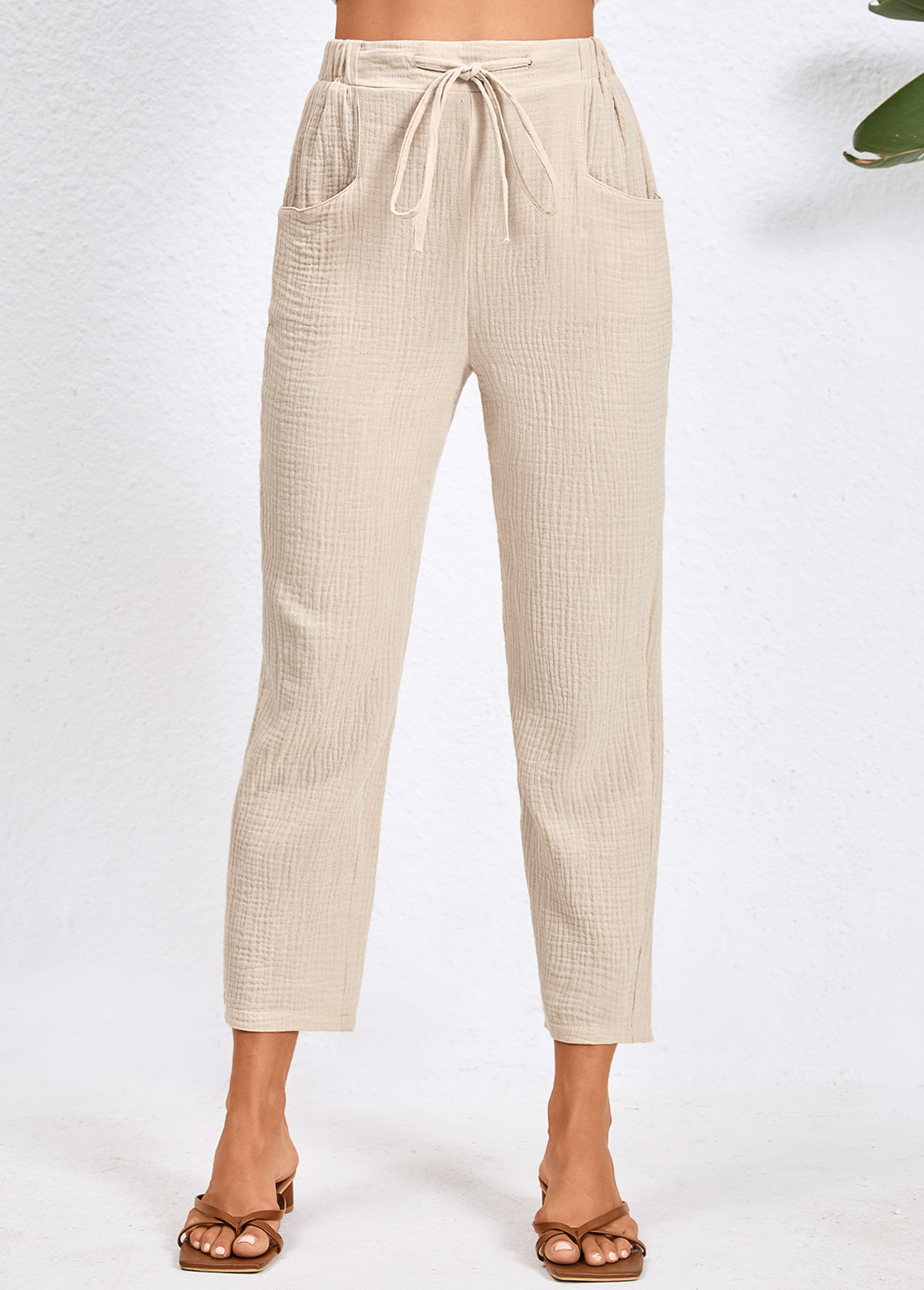 Pocket Drawastring Beige High Waisted Pants