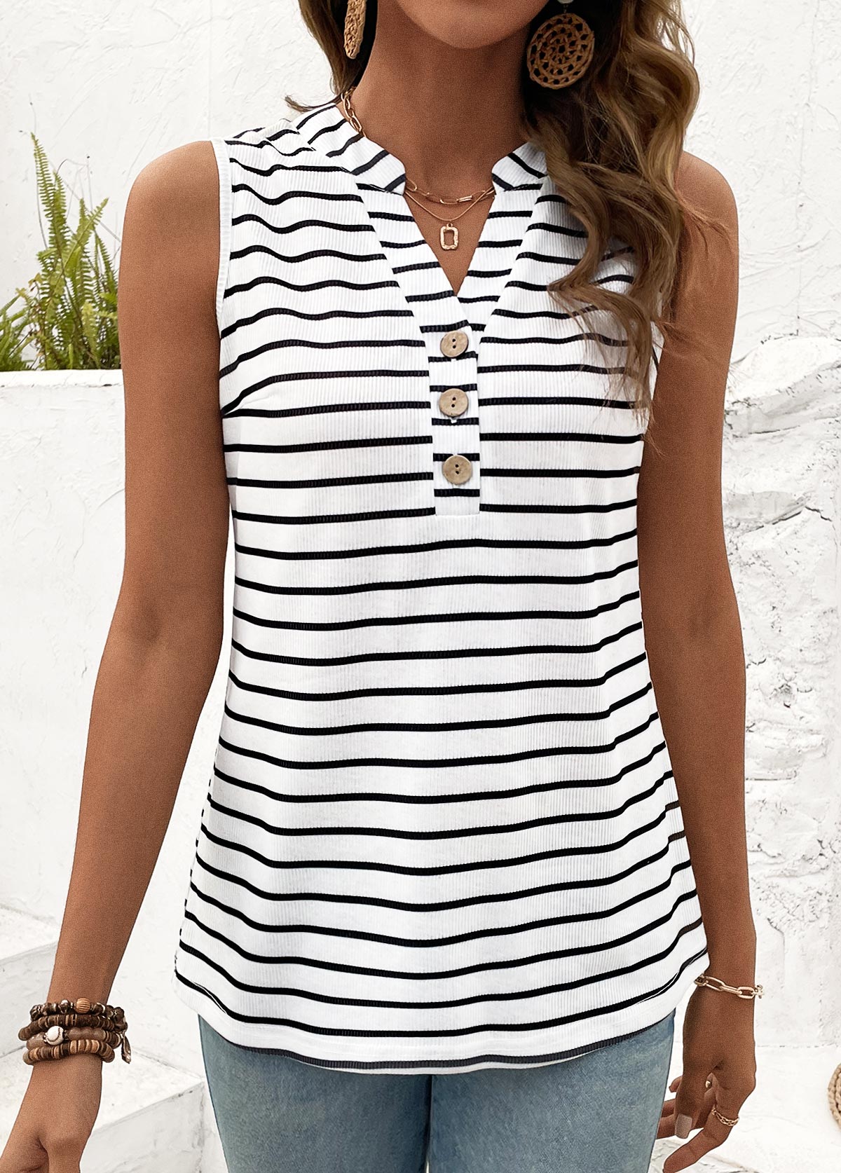 Striped Button White Split Neck Tank Top