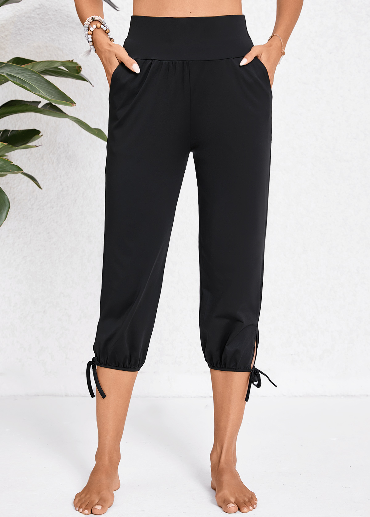 Pocket Jogger Elastic Waist Black High Waisted Pants