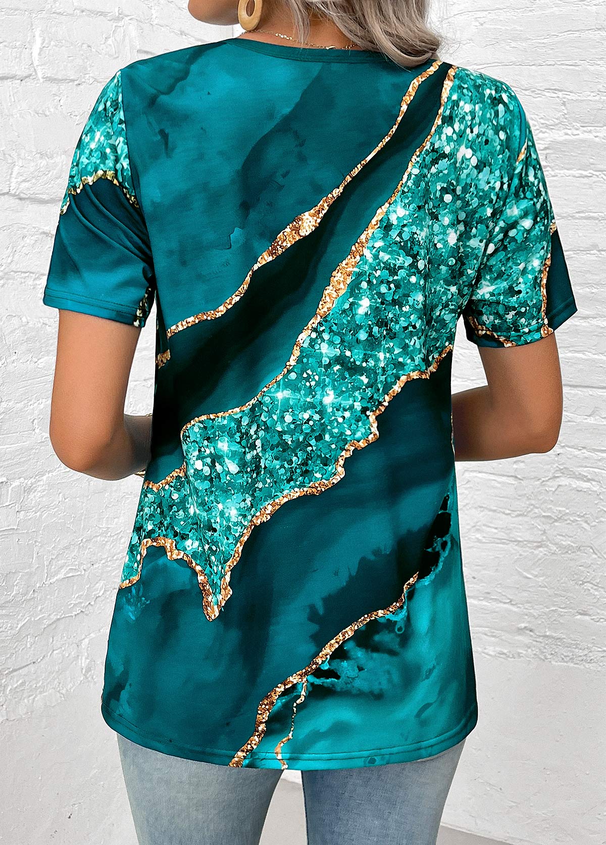 Plus Size Turquoise Button Marble Print T Shirt