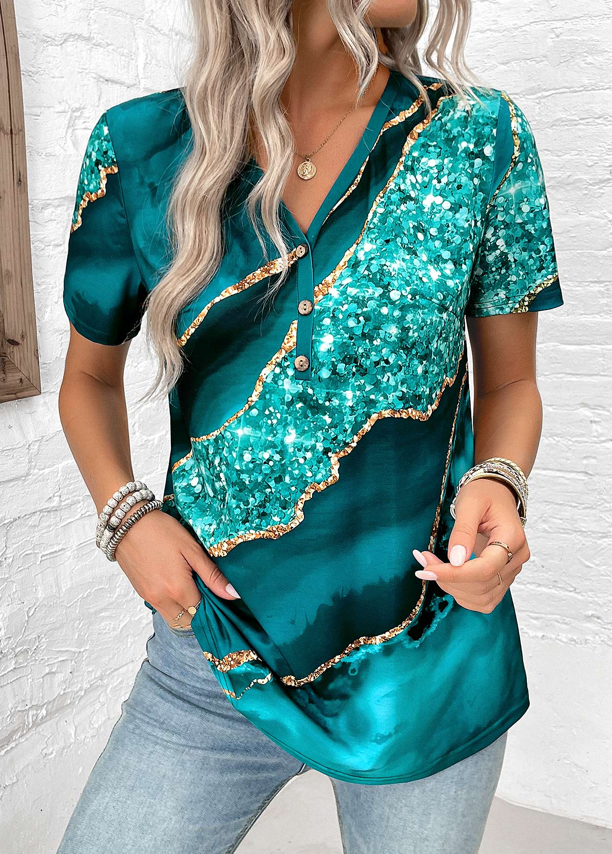 Plus Size Turquoise Button Marble Print T Shirt