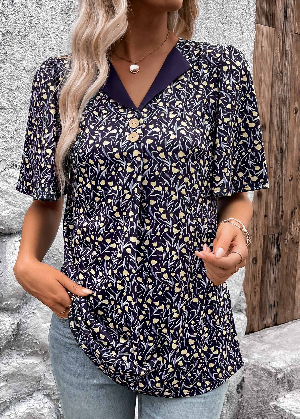 Ditsy Floral Print Button Navy Short Sleeve T Shirt